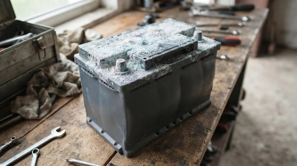 Can you overcharge a car battery until it swells? This corroded, bulging battery shows what that damage looks like