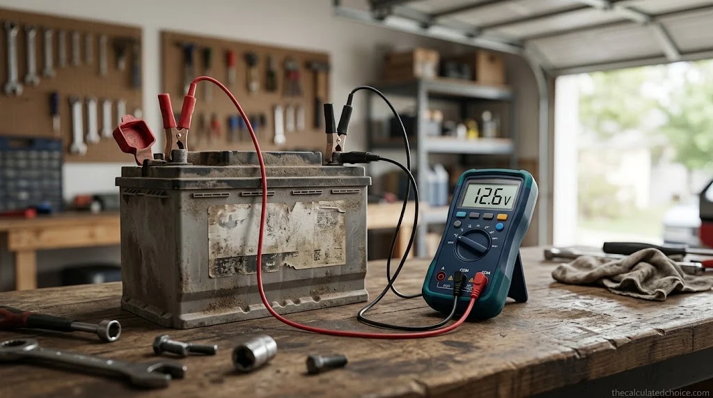 Car battery voltage chart in action: multimeter reading 12.6 volts on a battery on a garage workbench