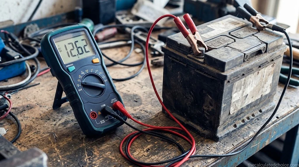 Digital multimeter reading 12.62 volts on a rested 12V battery, a full charge on the car battery voltage chart