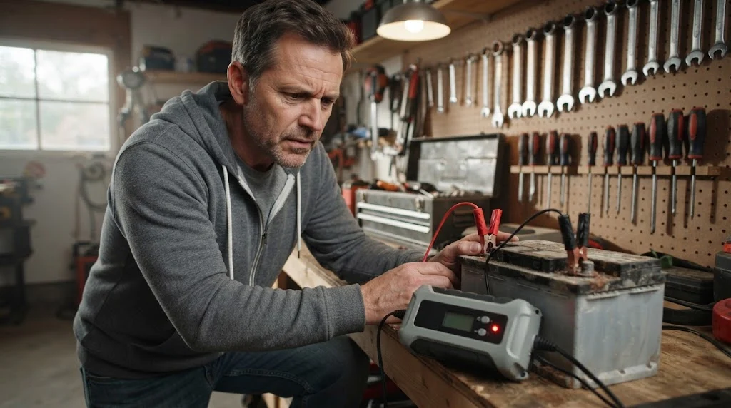 Man checking a battery charger with a red error light because the car battery won't charge