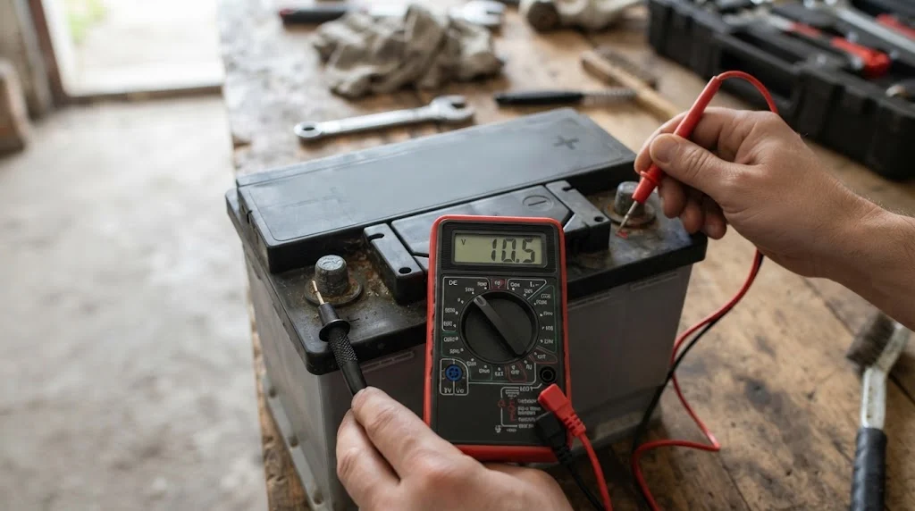 Multimeter reading 10.5 volts on a car battery that won't charge, a sign of a possible dead cell