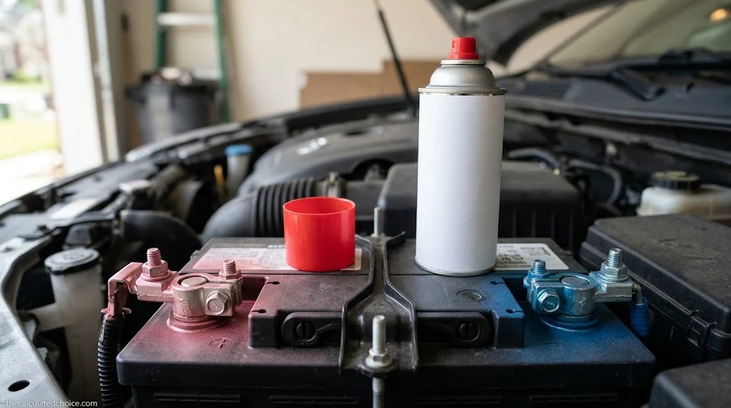 Best battery terminal cleaner and protector in use: protector spray beside clean car battery terminals