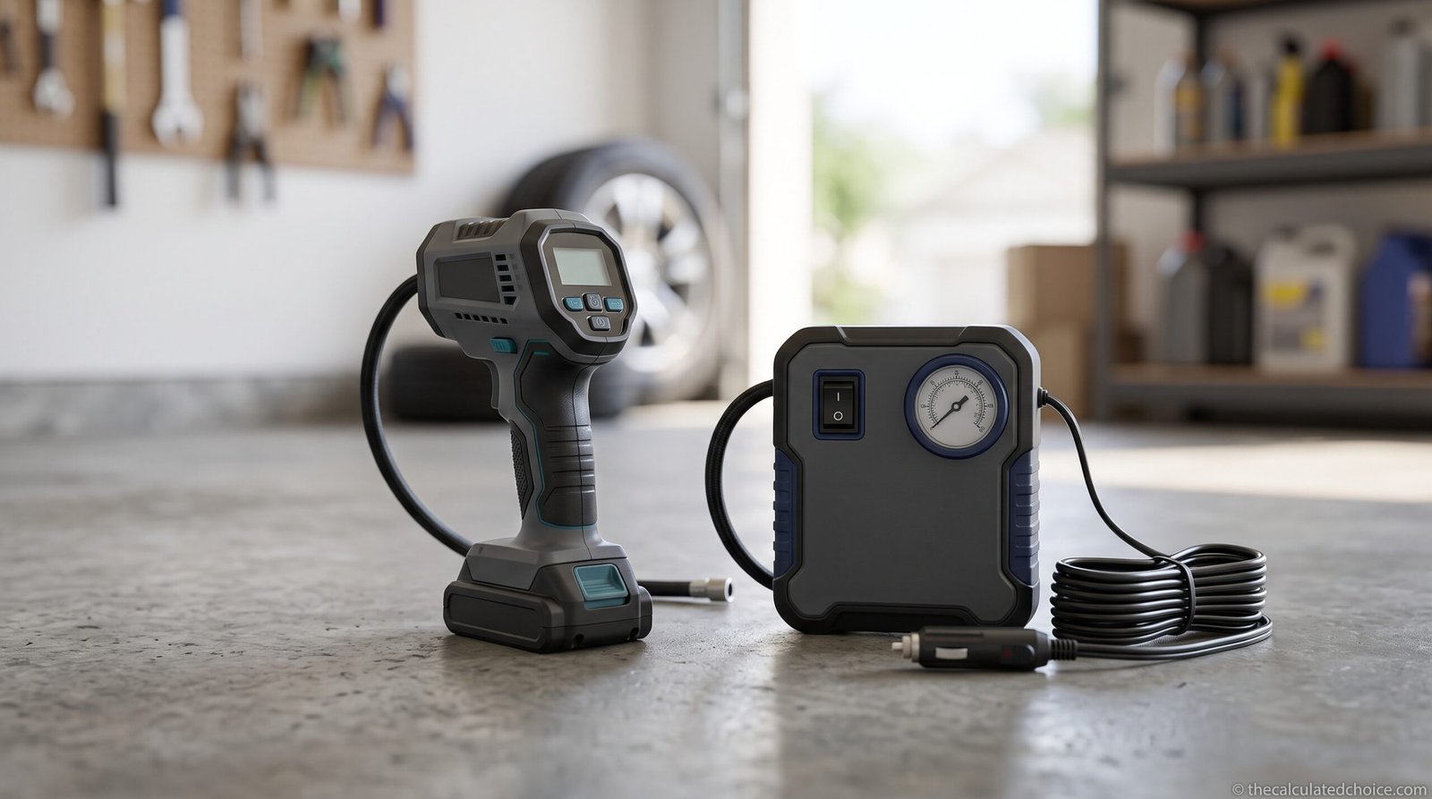 Cordless vs corded tire inflator: handheld cordless inflator next to a 12V plug-in inflator on a garage floor