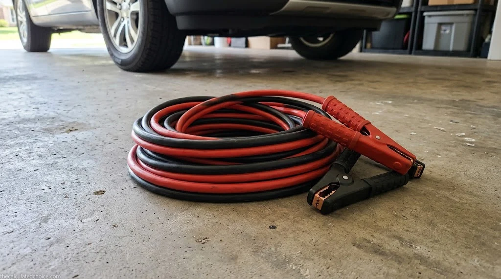 Heavy-duty red and black jumper cables coiled on a garage floor beside a parked car