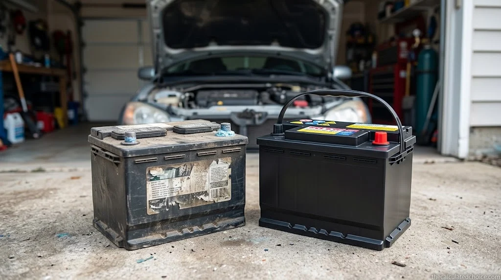 How long do car batteries last: a worn old battery beside a new replacement battery in a home garage