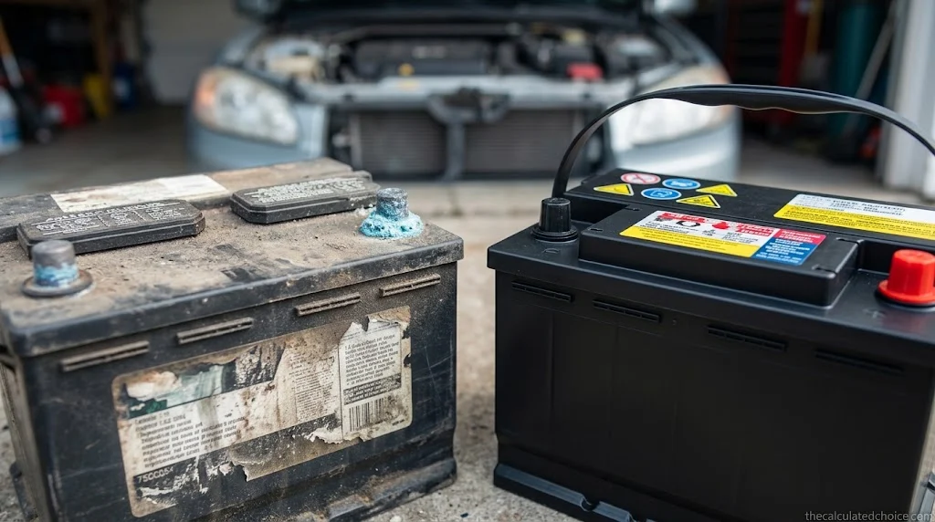 Worn car battery with corroded terminals next to a new replacement battery, showing how long car batteries last before replacement