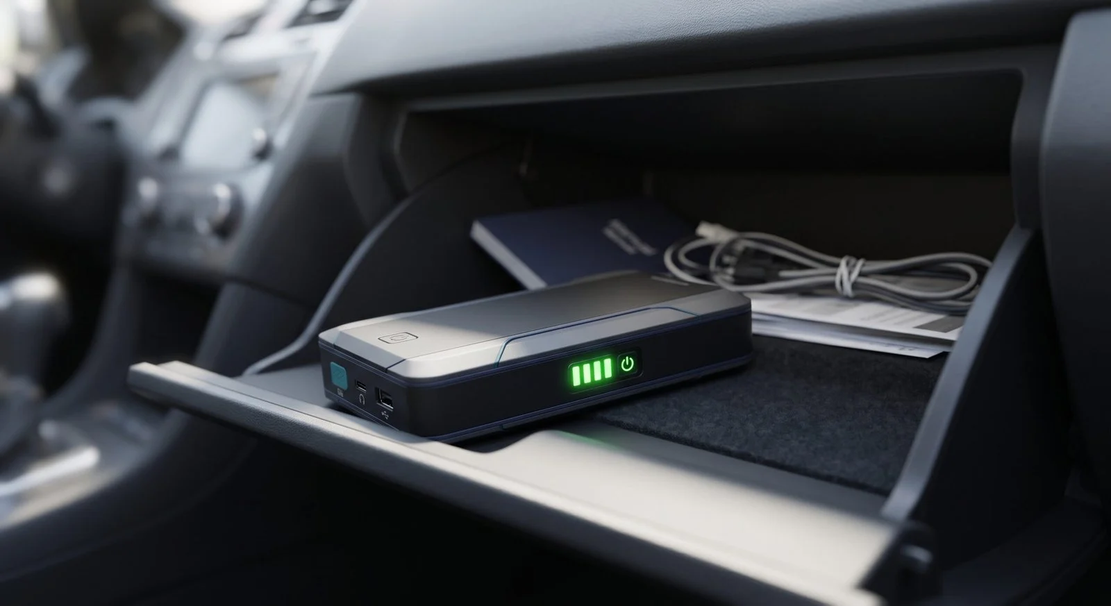 How long does a jump starter hold a charge: charged portable jump starter stored in a car glovebox