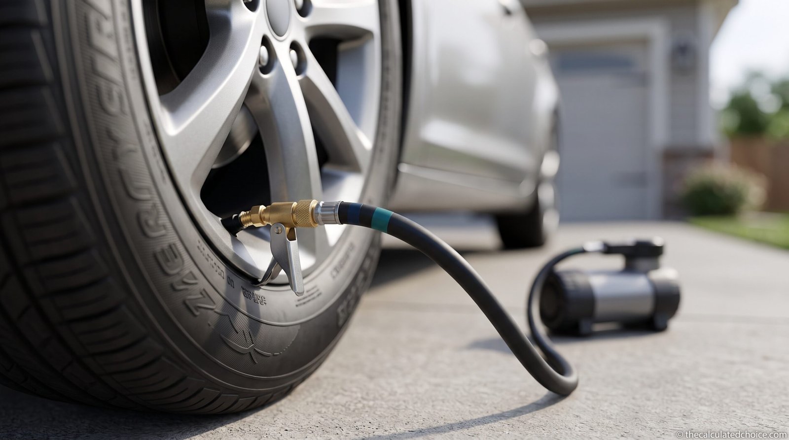 How long does it take to inflate a car tire: portable inflator connected to a sedan tire in a driveway