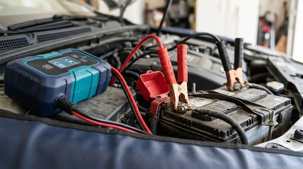 Smart charger clamped to a car battery under the hood, showing how to charge a car battery at home