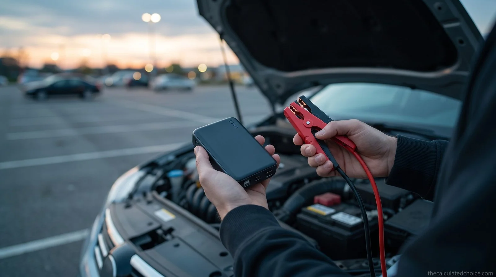 How to choose a jump starter: driver holding a portable jump starter next to an open car hood