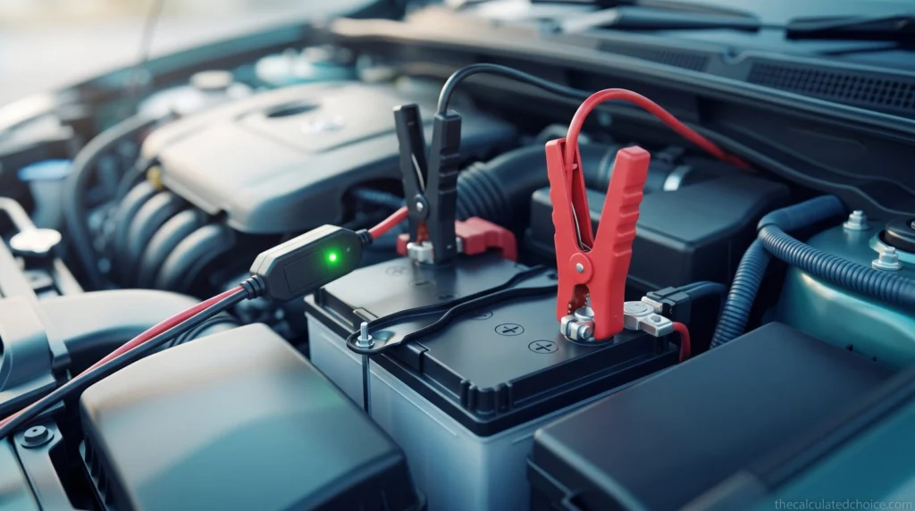 Jump starter clamps connected to a car battery with a green safety indicator light