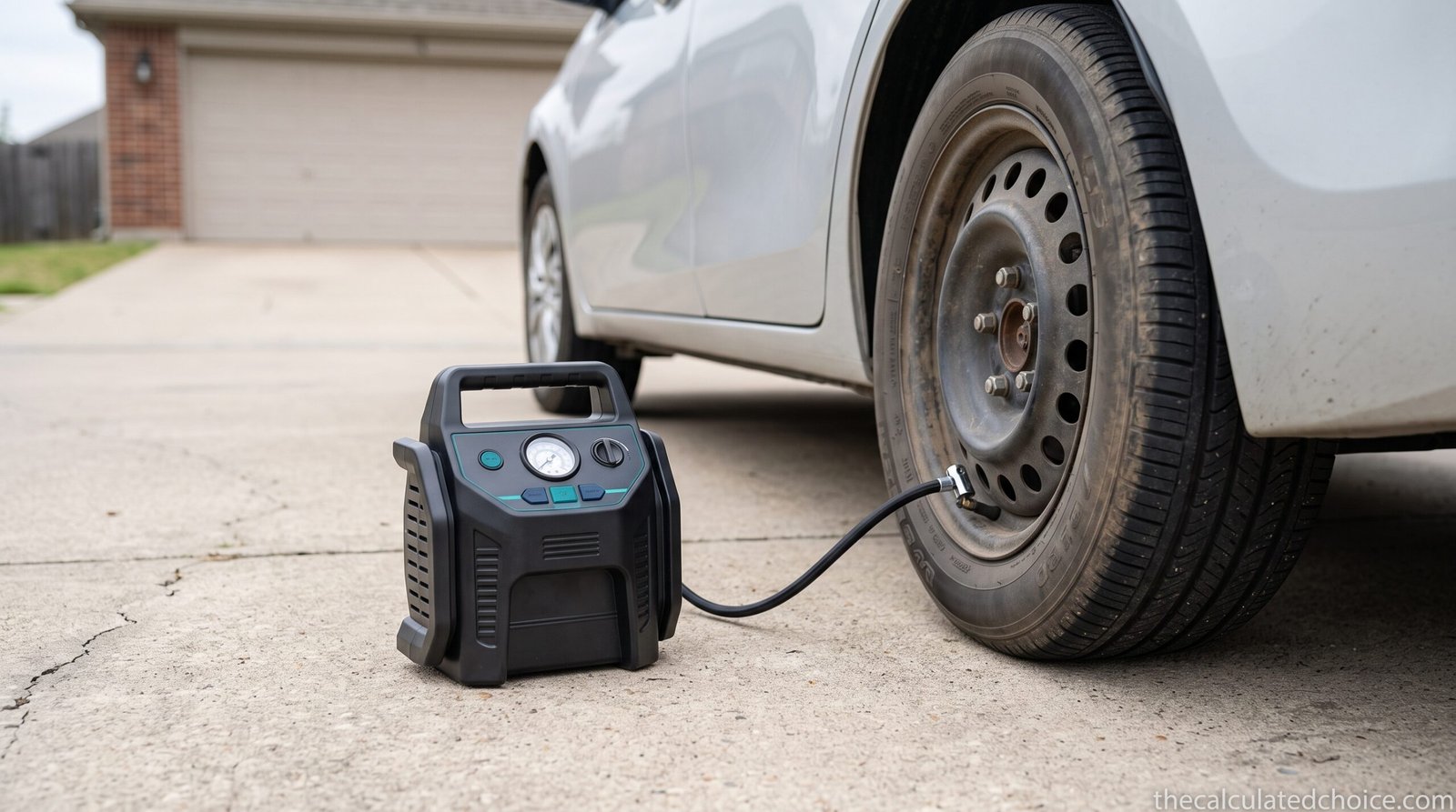 How to choose a portable tire inflator: compact inflator connected to a car tire on a driveway