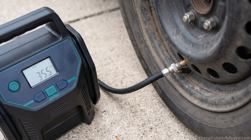 Portable tire inflator digital pressure display connected to a car tire valve