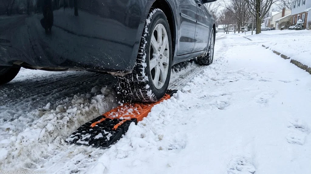 Orange traction board wedged under a car tire in packed snow