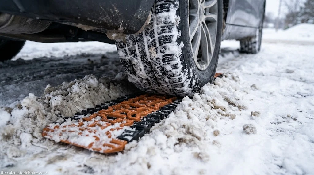 Close-up of a vehicle tire resting on a ramped snow trench with coarse winter traction sand spread directly ahead of the tread contact patch