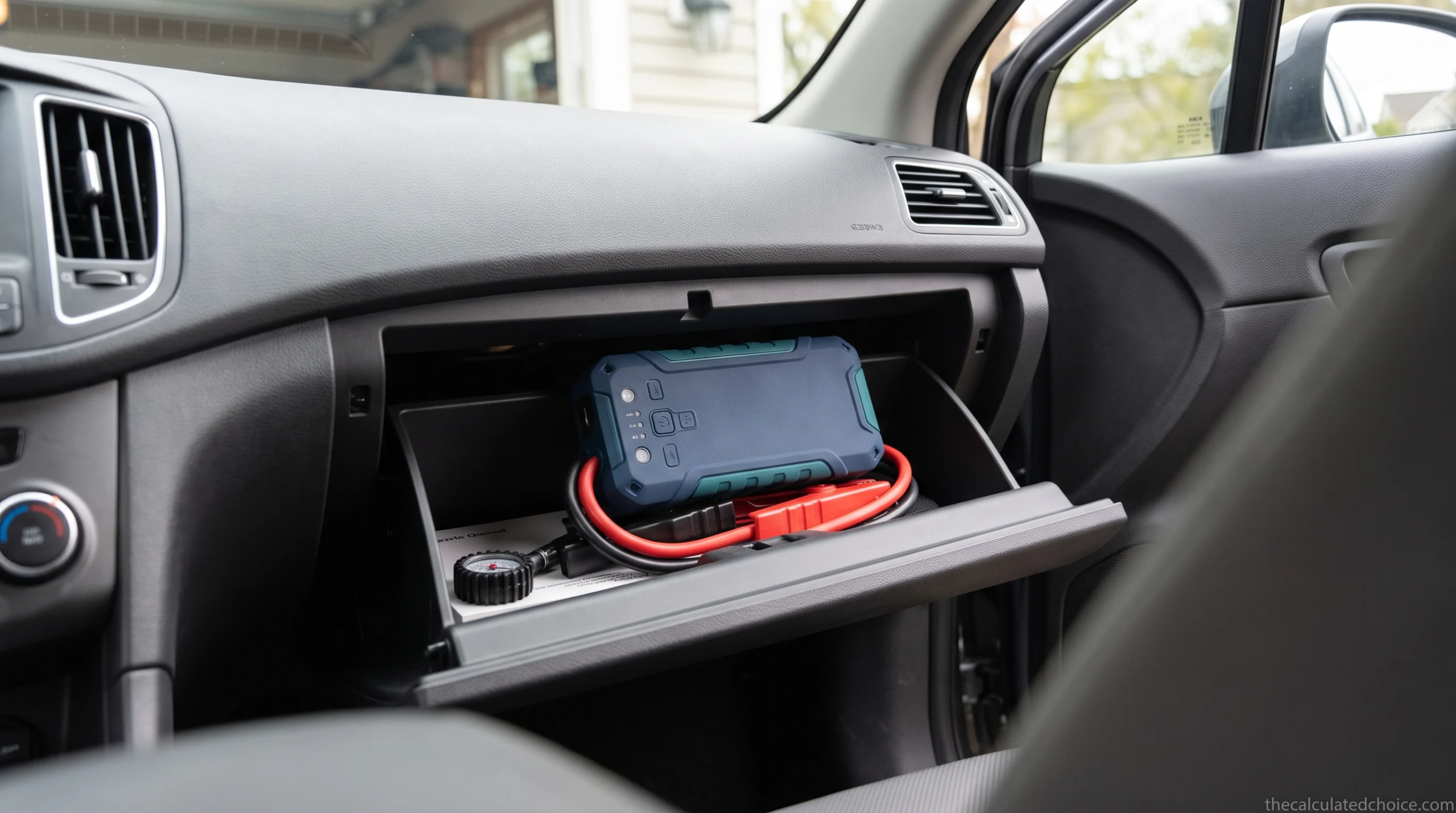 Can you leave a jump starter in your car: compact jump starter stored in an open glovebox with its clamps