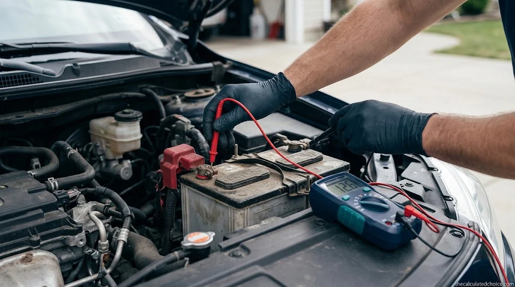 How to test a car battery with a multimeter: red probe on the positive terminal and black lead to the negative under the hood