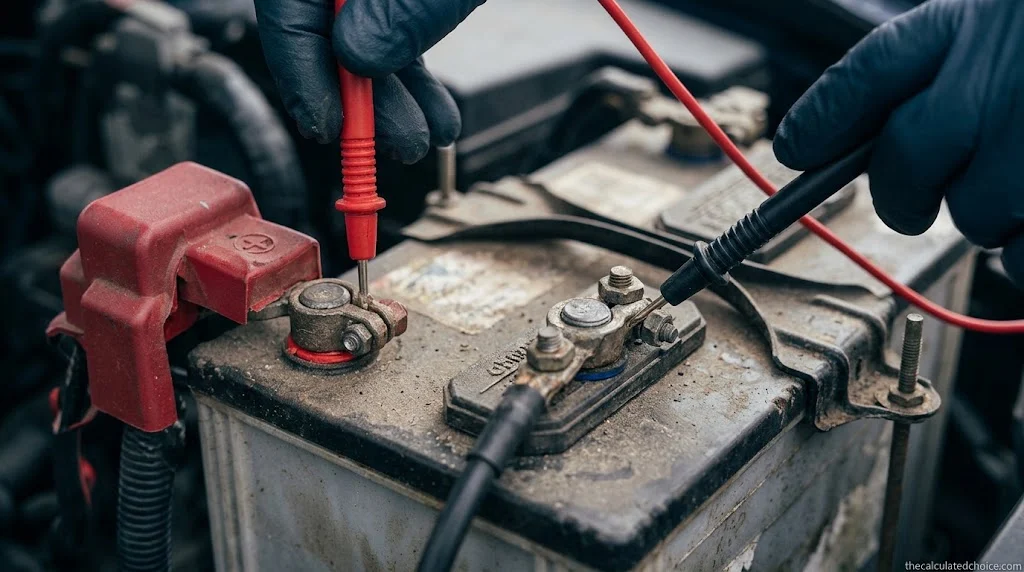 Multimeter probes on the positive and negative posts while testing a car battery with a multimeter