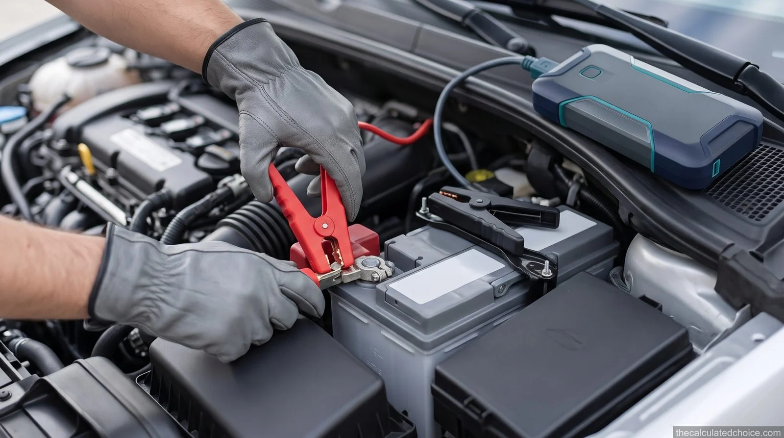 How to use a jump starter: gloved hands attaching the red clamp to a car battery positive terminal