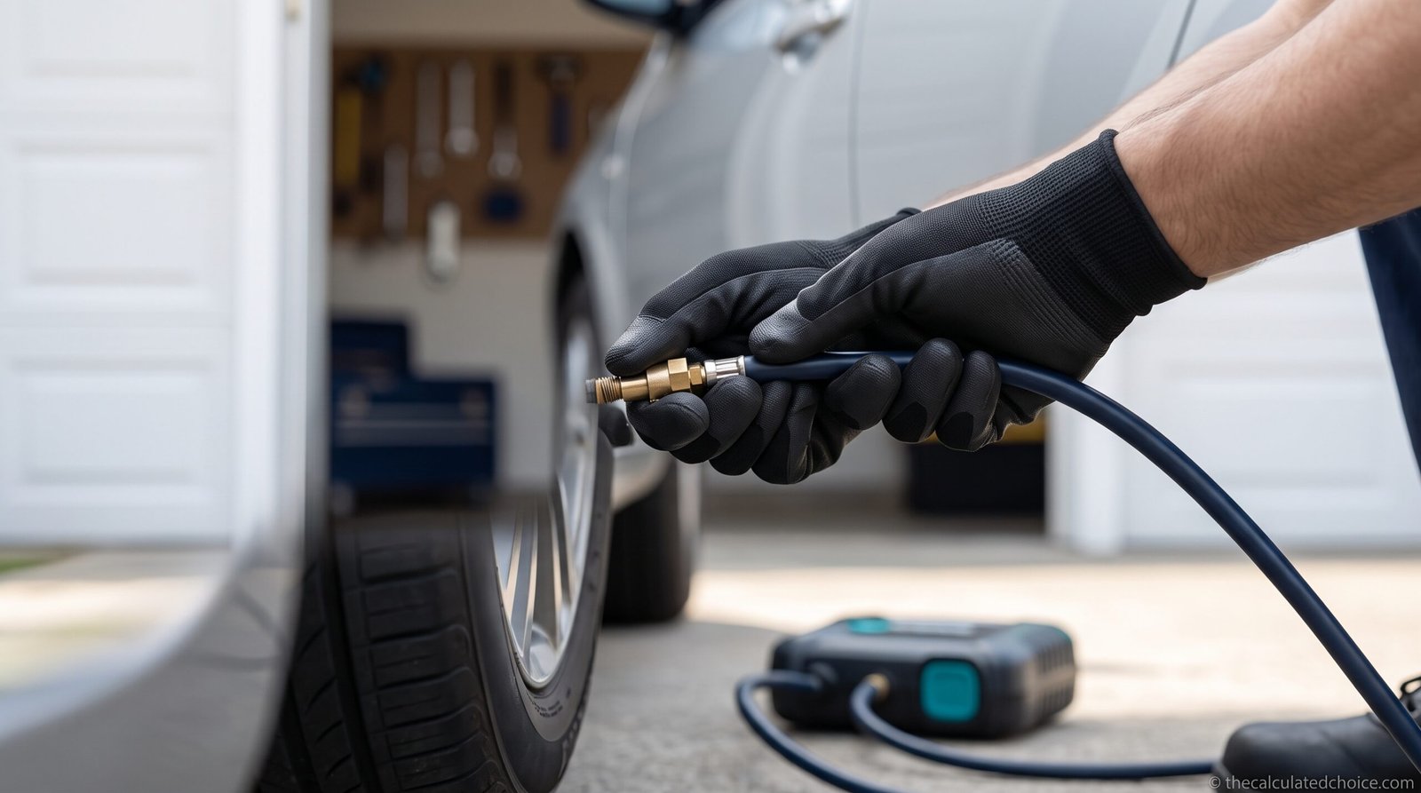 How to use a portable tire inflator: driver in gloves connecting the inflator hose to a car tire valve in a driveway