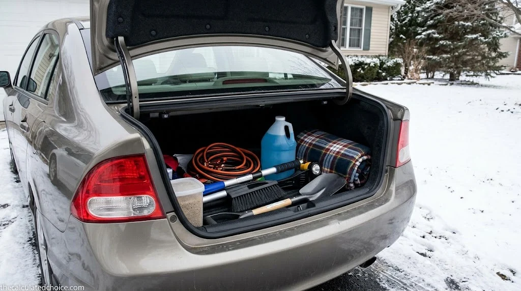How to winterize your car: sedan trunk packed with jumper cables, de-icer washer fluid, a snow brush, a compact shovel, a blanket and traction grit
