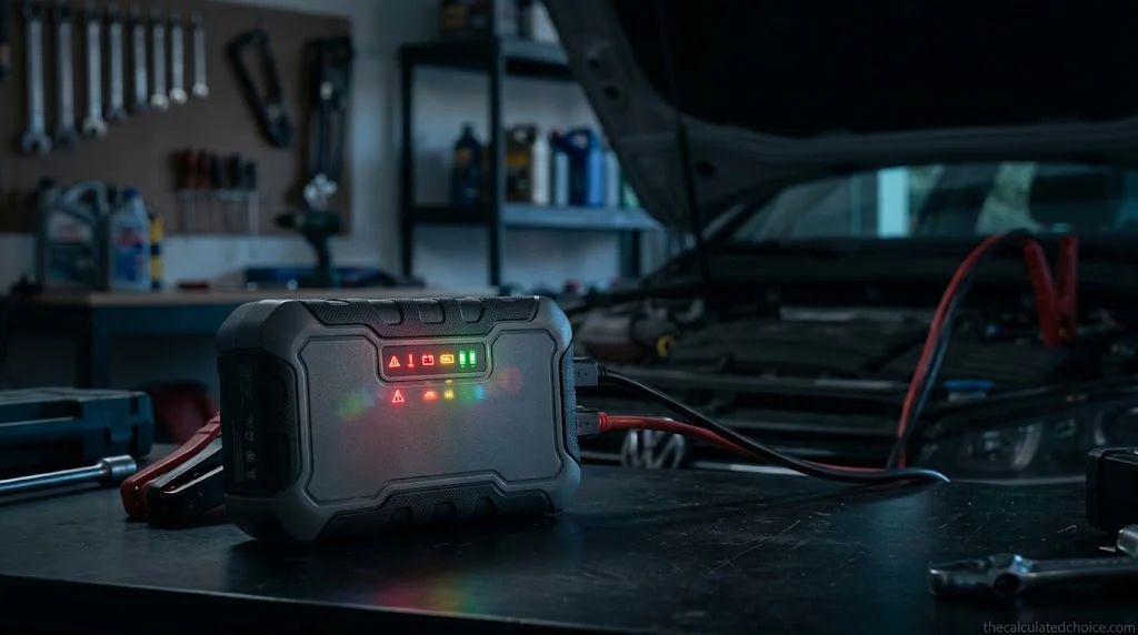 Jump starter error light panel glowing red, amber and green on a portable pack on a garage workbench