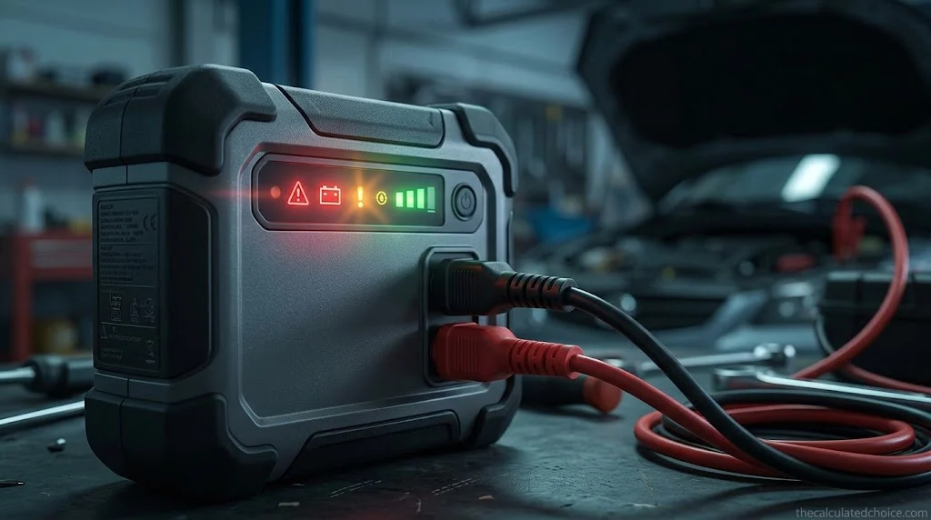 Jump starter error light panel lit red, amber and green on a portable pack with its clamp cables attached