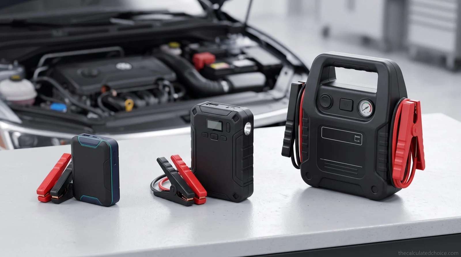 Jump starter size calculator: small, medium and large portable jump starters in front of an open car engine
