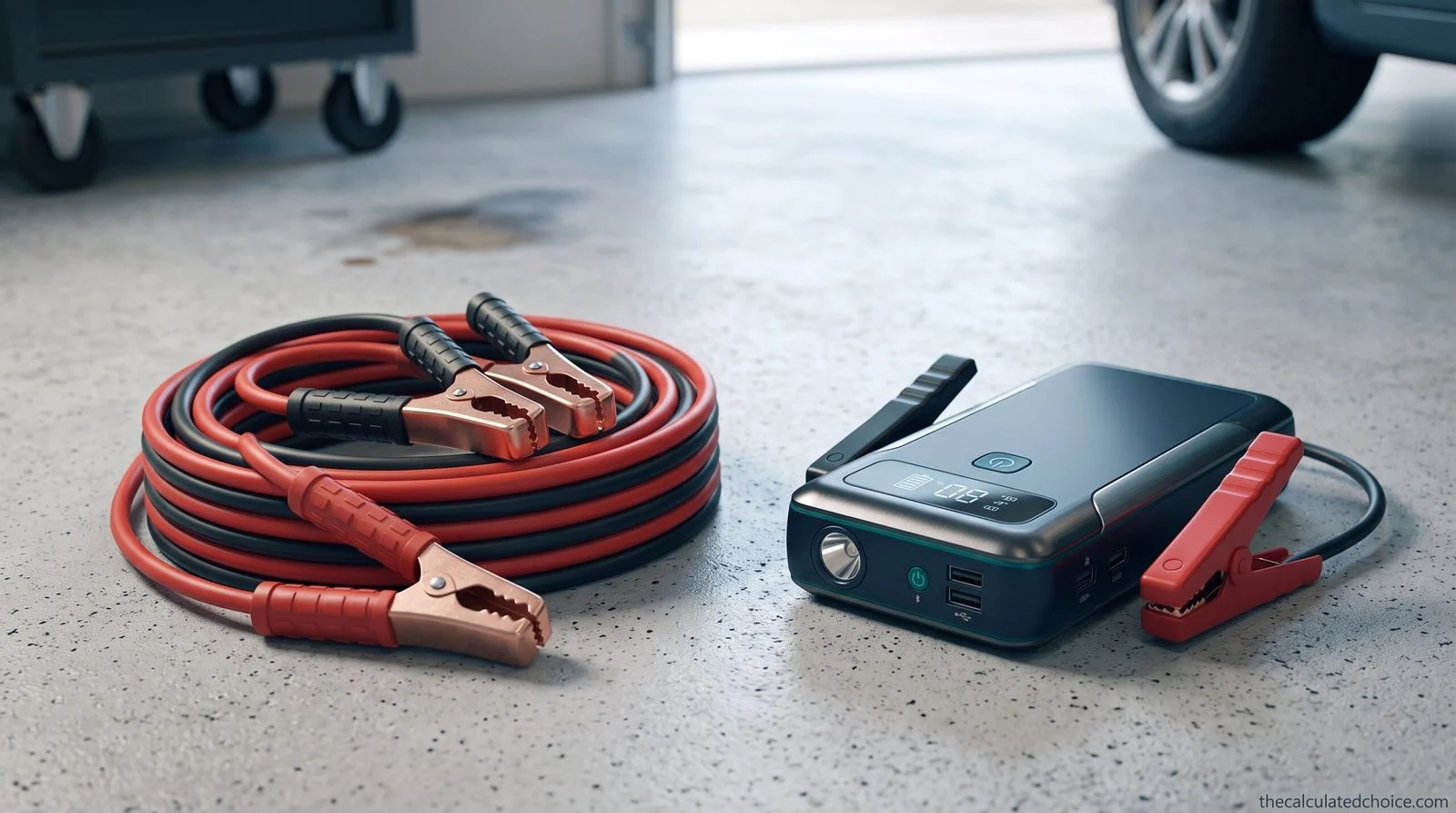 Jump starter vs jumper cables: a coiled set of jumper cables next to a portable jump starter on a garage floor