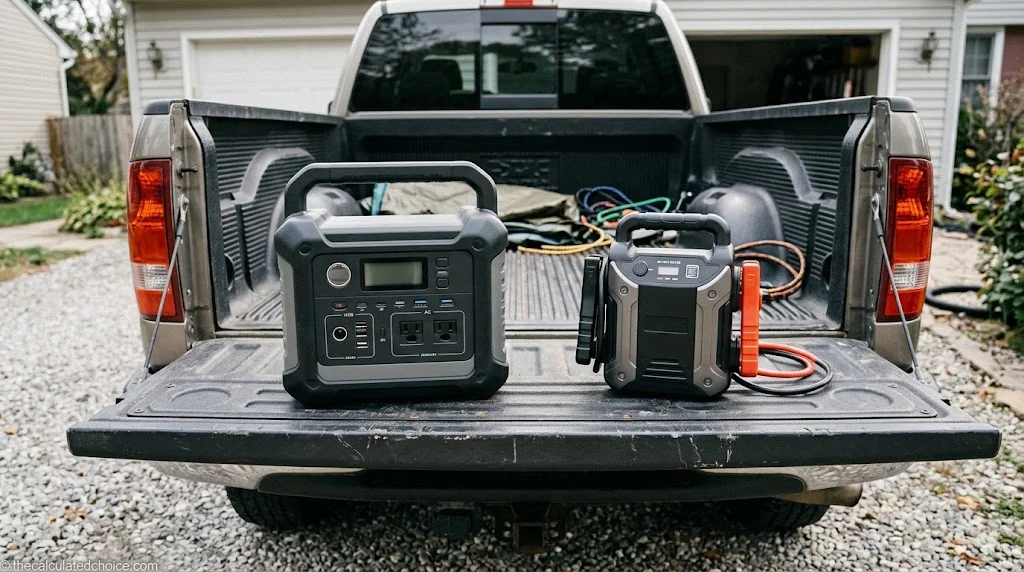 Portable power station vs jump starter: a power station and a jump starter with clamps lying side by side on an open pickup tailgate