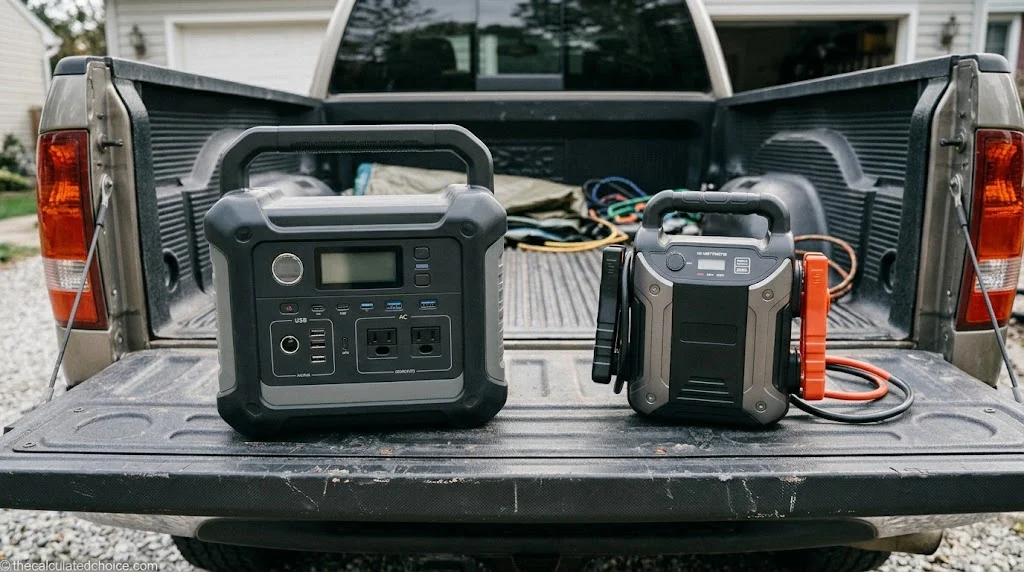 Portable power station vs jump starter: a portable power station and a compact jump starter with orange cables side by side on a pickup truck tailgate