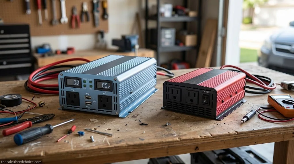 Two car power inverters side by side on a garage workbench with cables and a multimeter