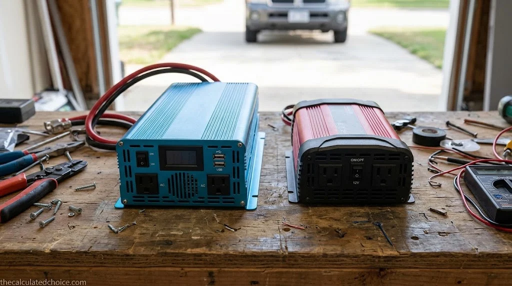 Blue and red power inverters on a garage workbench with cables and hand tools beside an open garage door