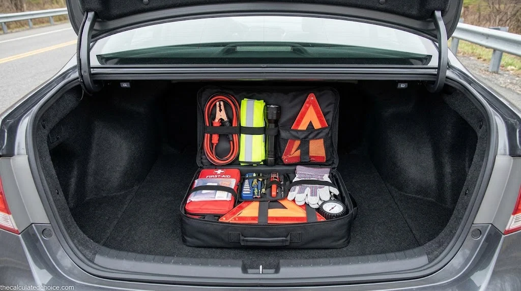 Roadside emergency kit bag packed with jumper cables, reflective vest, flashlight, warning triangle, first aid kit and gloves, sitting in an open sedan trunk