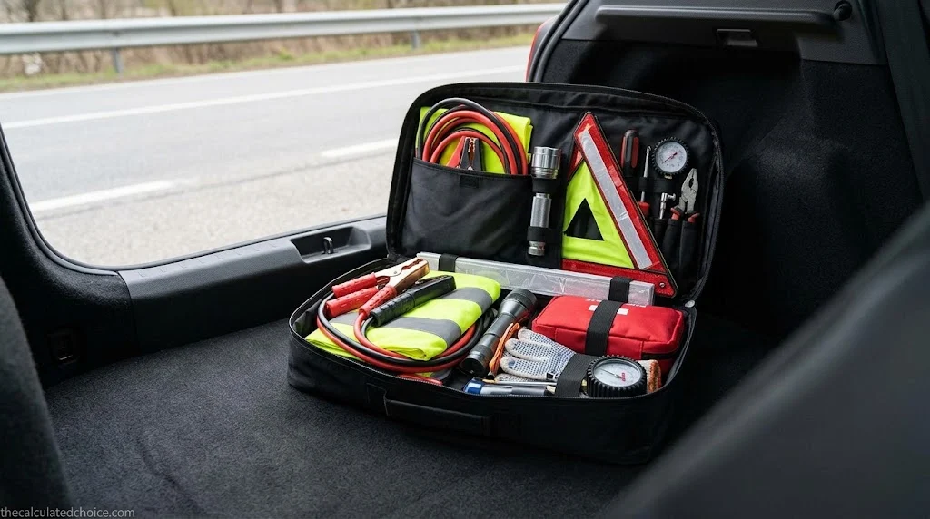 Roadside emergency kit bag open in a car trunk with jumper cables, reflective vest, flashlight, warning triangle, first aid kit, gloves and tire gauge