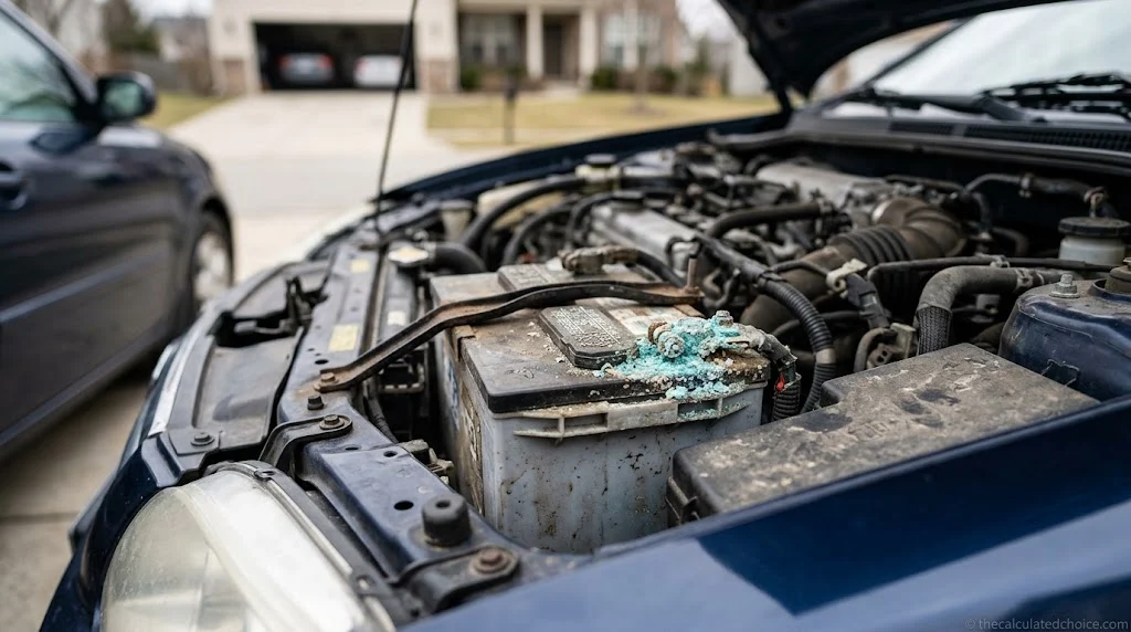 Signs of a bad car battery: heavy corrosion on the terminal of an aging battery under an open hood
