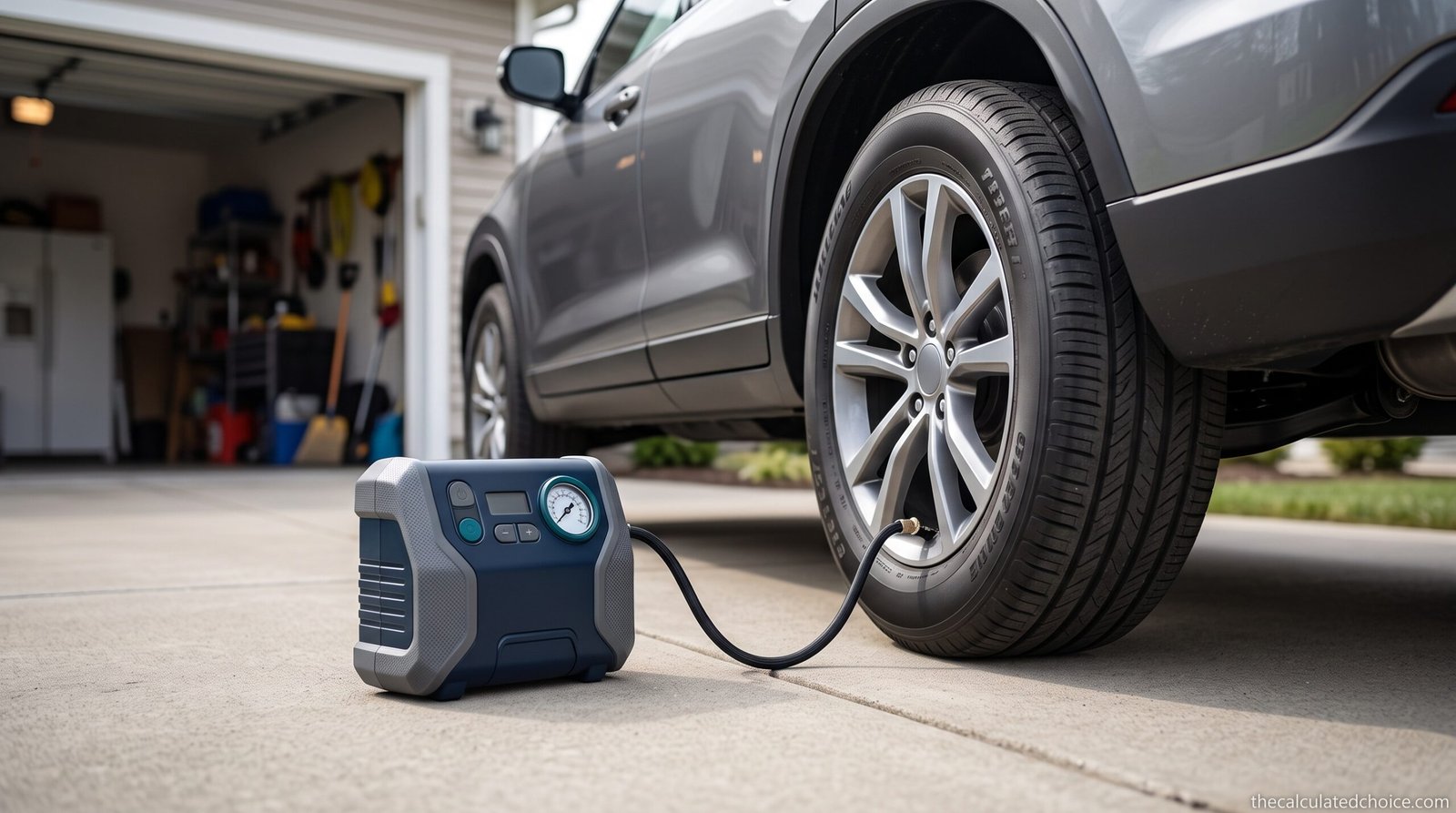 What size tire inflator do I need: portable inflator connected to an SUV tire in a driveway