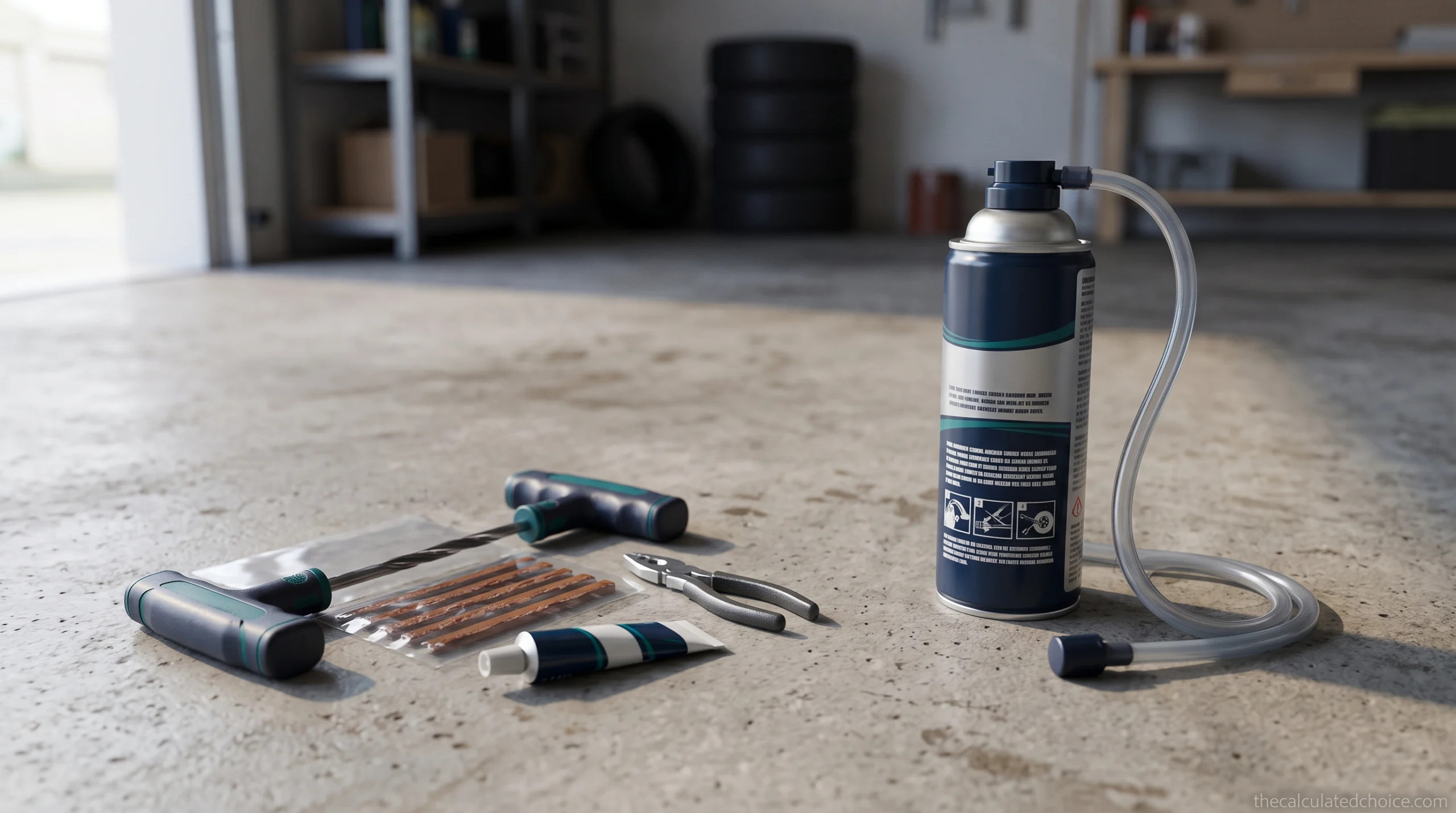 Tire plug vs Fix-a-Flat: a tire plug kit and a can of tire sealant on a garage floor