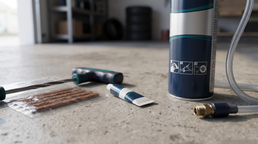 Tire plug kit vs tire sealant: reamer, plug strips, cement and a sealant can with its hose