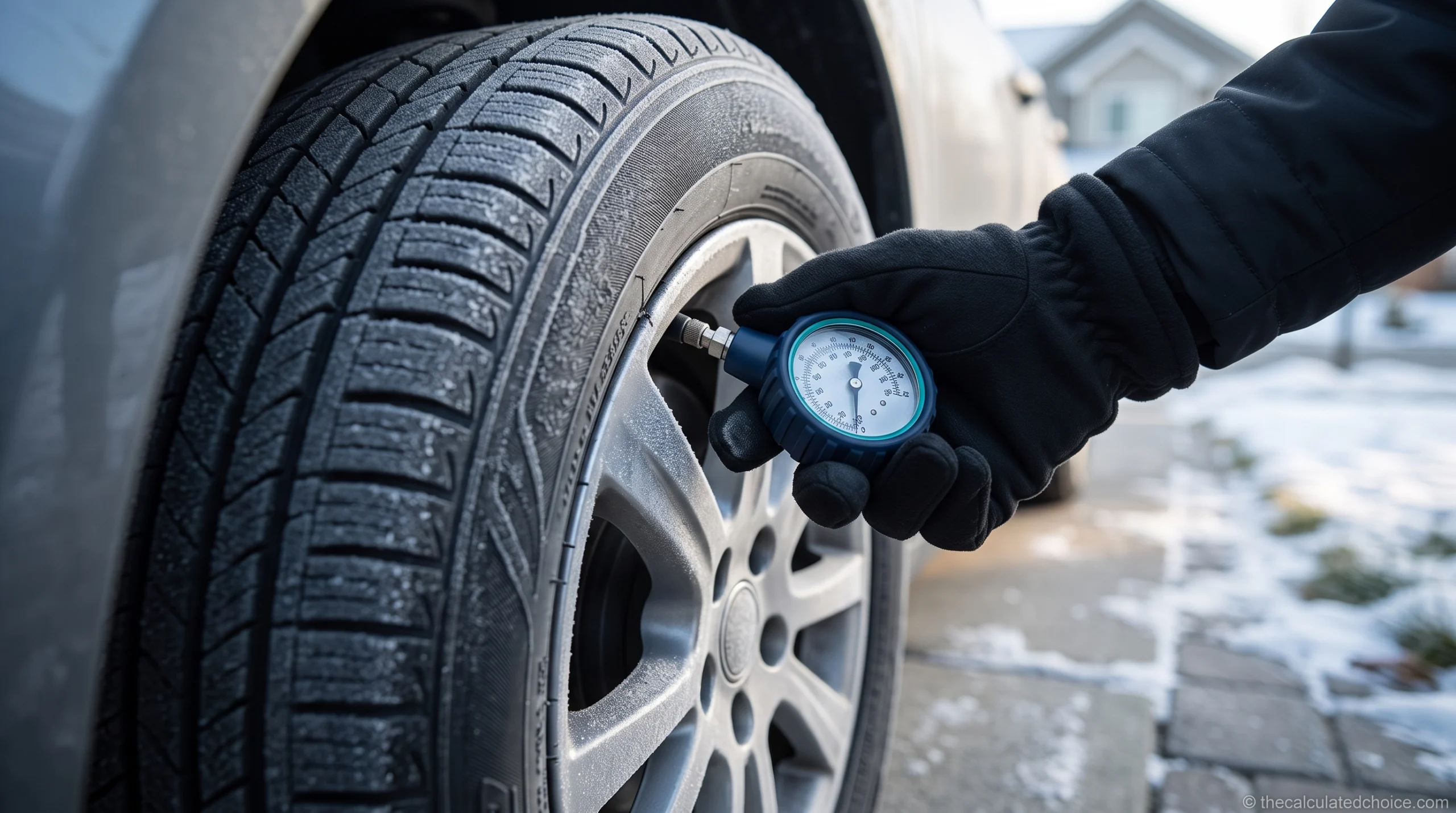 Checking tire pressure in cold weather with a gauge on a frosty car tire