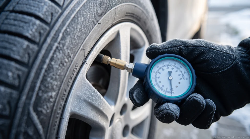 Checking tire pressure in cold weather with a dial gauge on a frosty tire