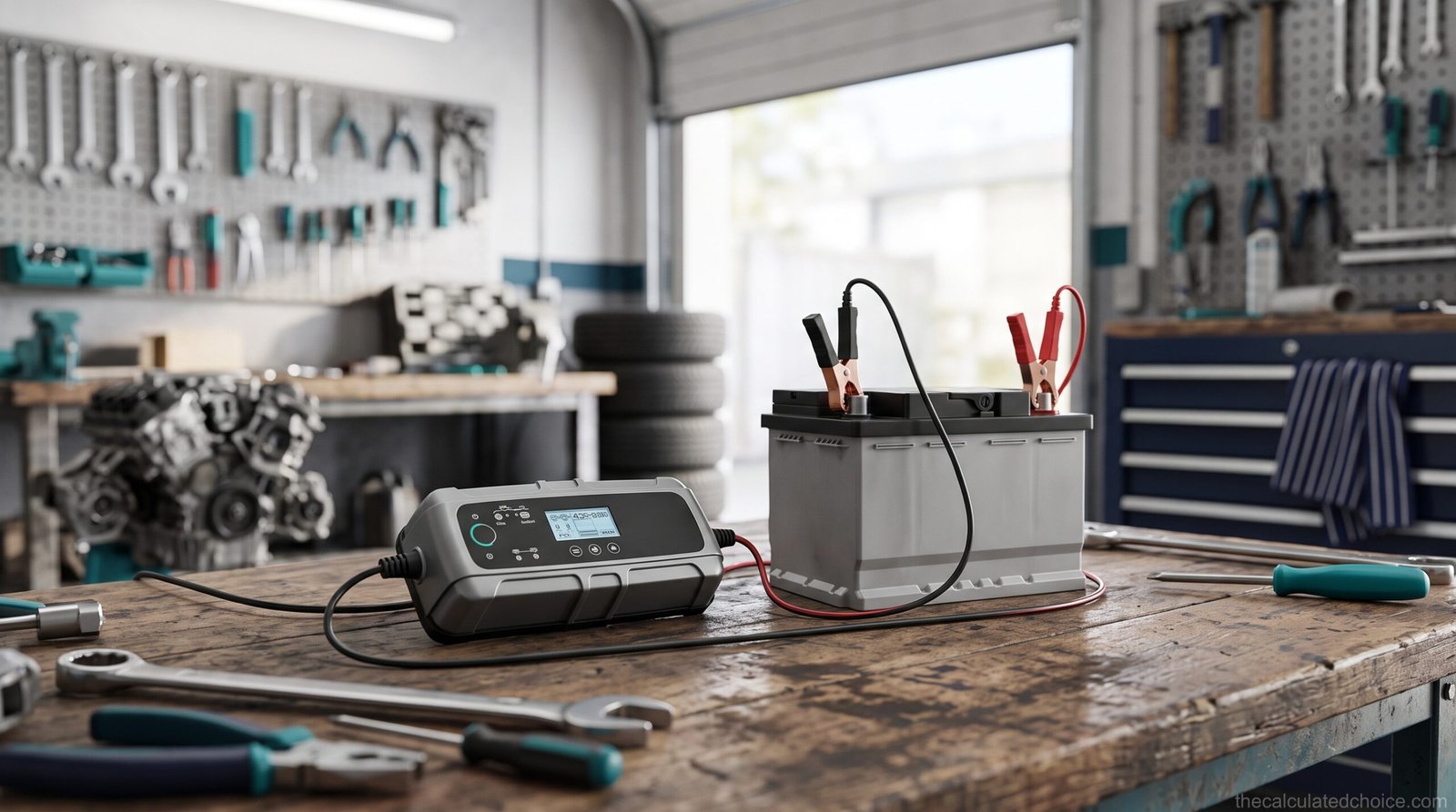 Battery charger connected to a car battery on a garage workbench surrounded by hand tools
