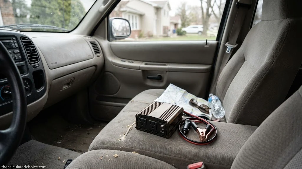 Compact power inverter with battery clamps resting on a pickup truck bench seat