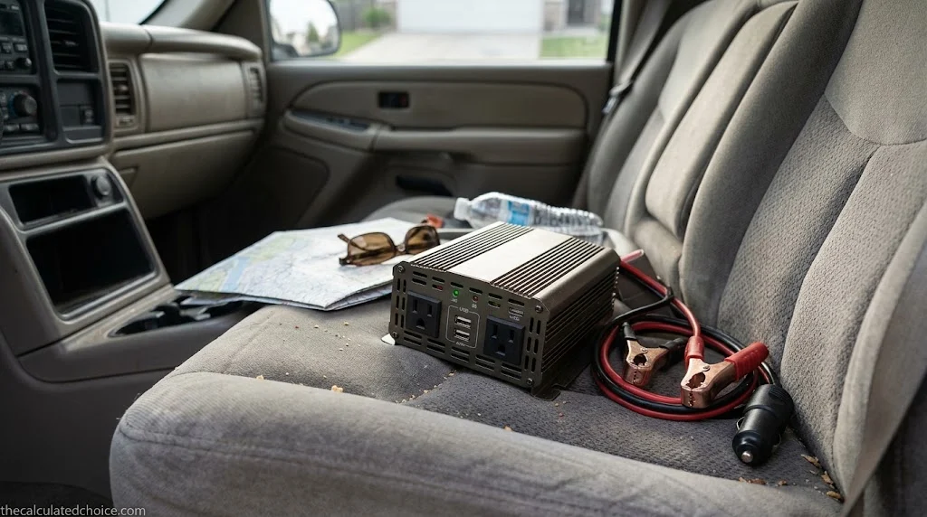 Power inverter on a pickup truck bench seat next to red and black battery clamps and a road map