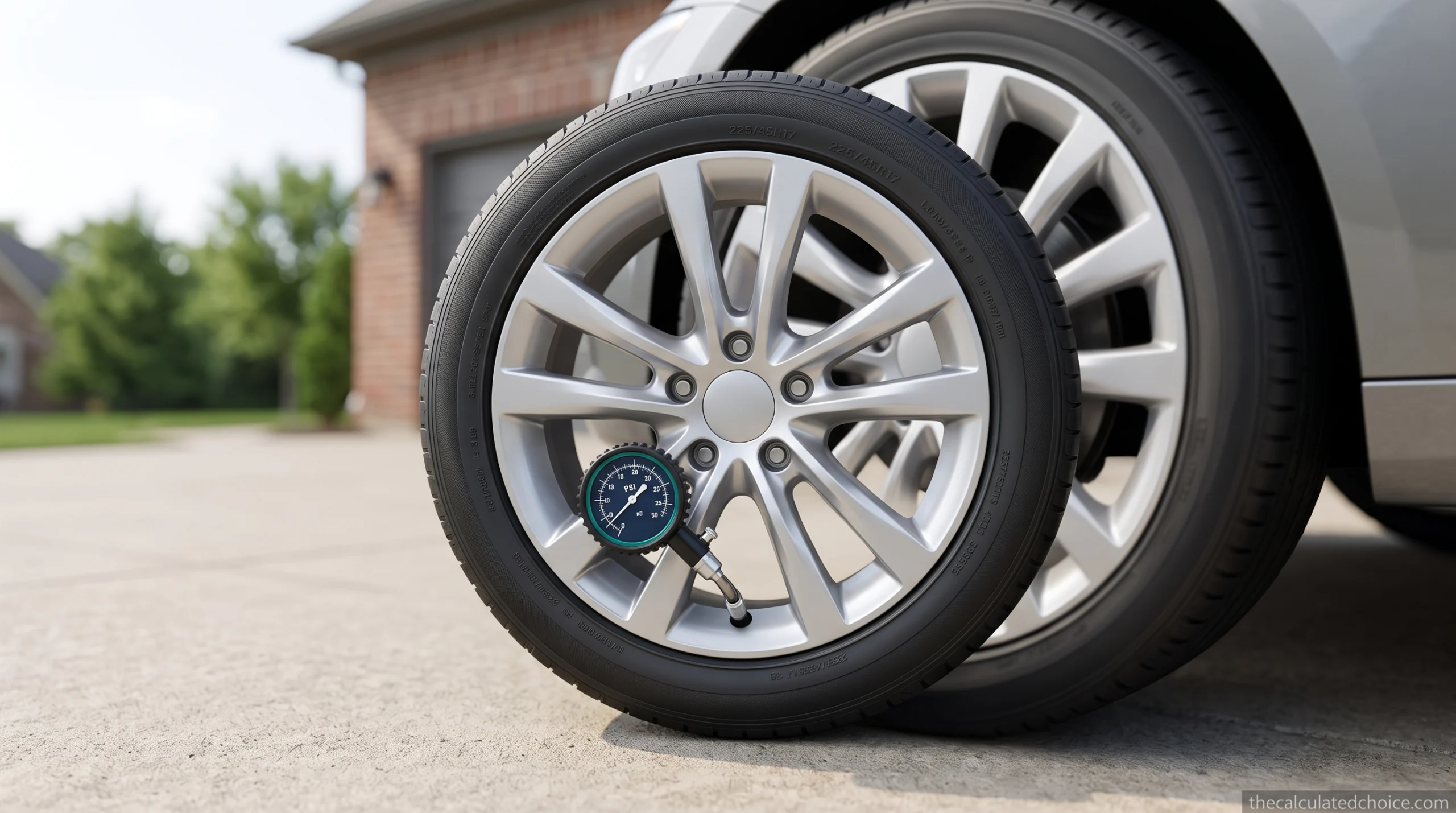 What should my tire pressure be: tire pressure gauge on a car wheel in a driveway