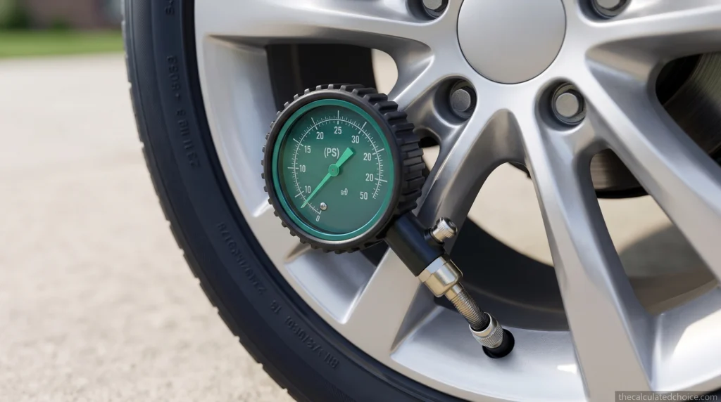 Checking what my tire pressure should be with a dial gauge on a car tire valve stem