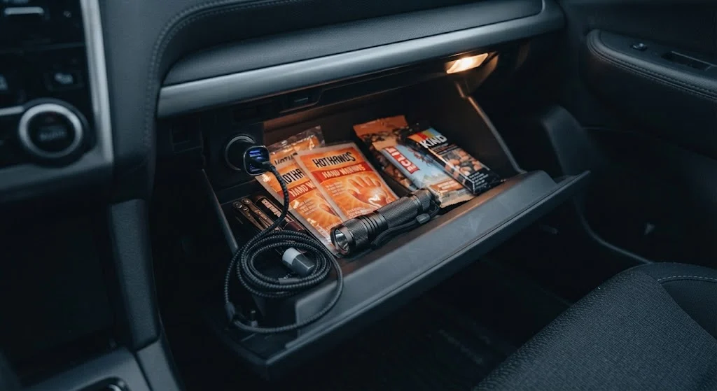 What to keep in your car in winter: glovebox stocked with hand warmers, ration bars, a flashlight and a 12V phone charger