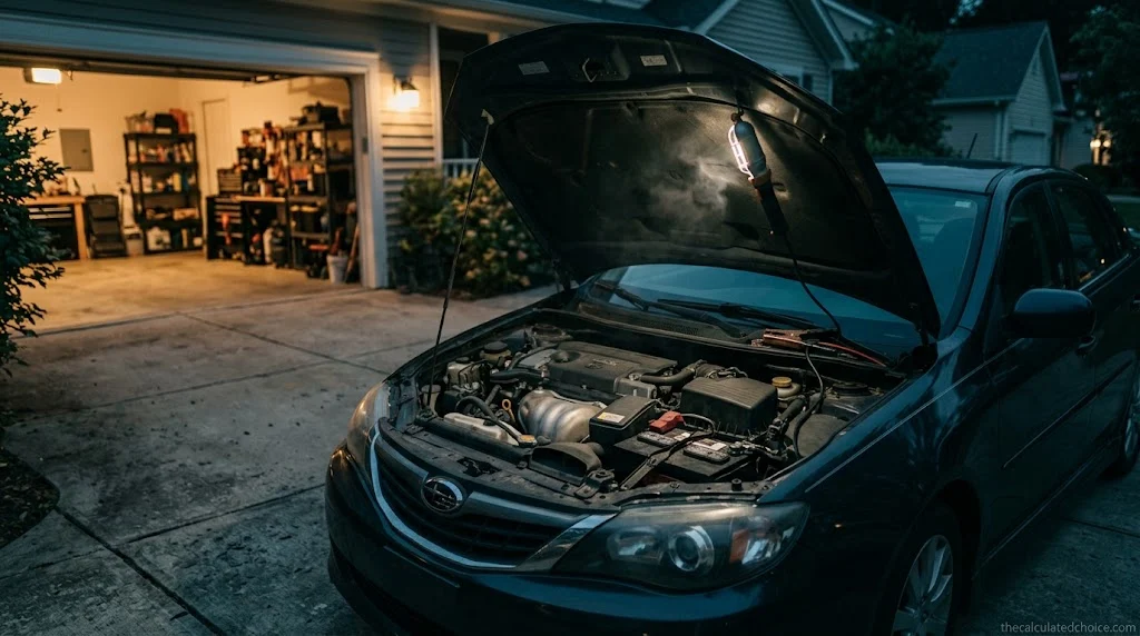 Car with the hood open in a driveway at night while the owner checks why the car battery keeps dying
