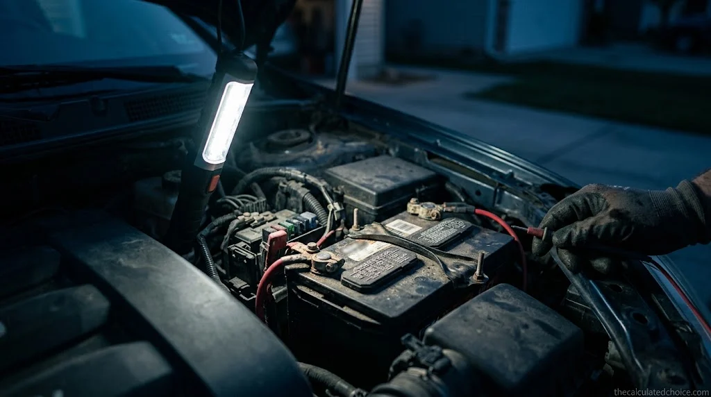 Checking under the hood at night to find why a car battery keeps dying, with a work light over the battery terminals